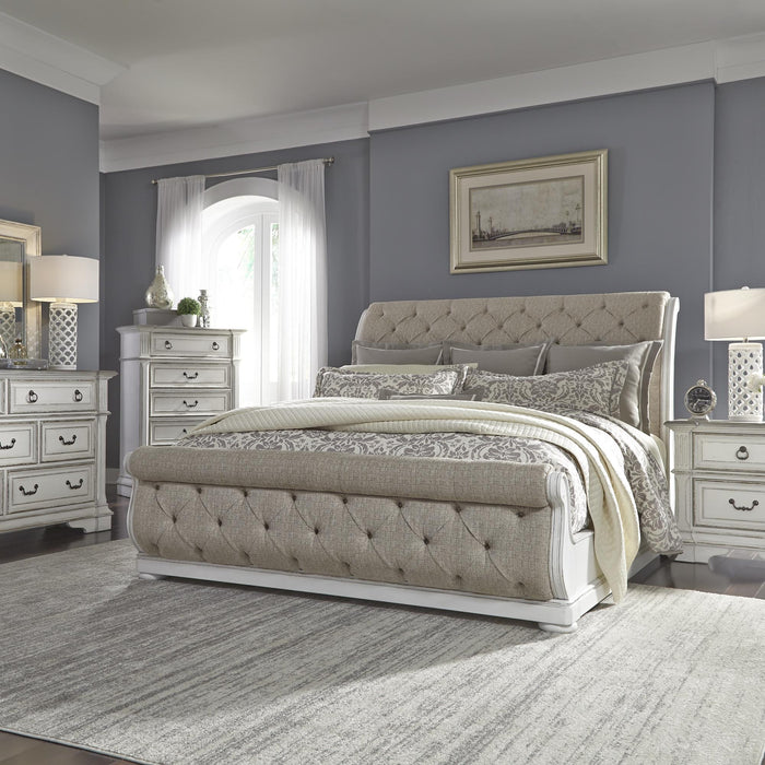 Abbey Park King Uph Sleigh Bed, Dresser & Mirror, Chest, Nightstand